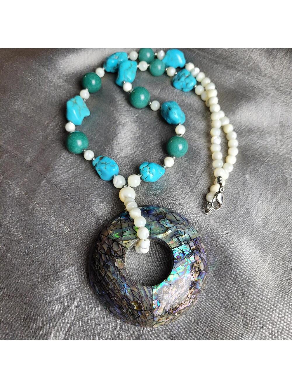 LS Large Abalone Shell and Turquoise Beaded Statement Necklace